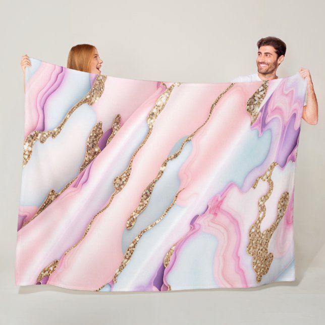 Light Blue Pink Agate Marble Modern Collection Fleece Blanket (In Situ)
