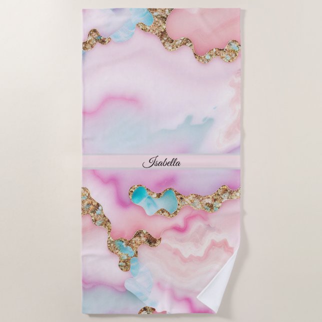 Light Blue Pink Agate Marble Popular Collection Beach Towel (Front)