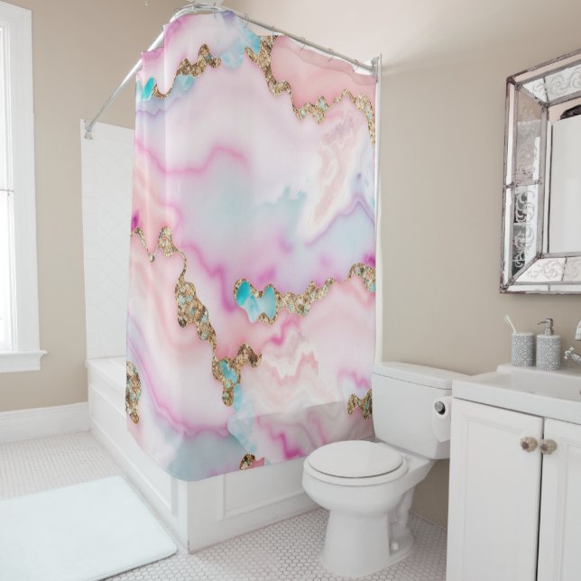 Light Blue Pink Agate Marble Popular Collection Shower Curtain (In Situ)