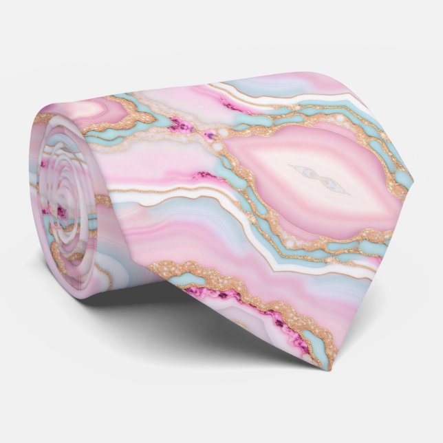 Light Blue Pink Agate Marble Trendy Collection Tie (Rolled)