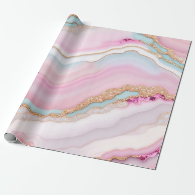 Light Blue Pink Agate Marble Trendy Collection Wrapping Paper (Unrolled)