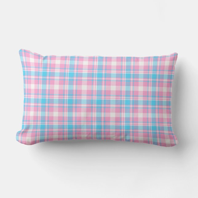 Light Blue, Pink and White Plaid Lumbar Cushion (Front)