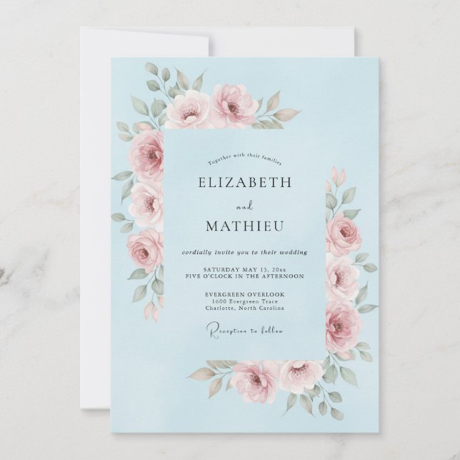 Light Blue Pink Floral Wedding Invitation (Front)