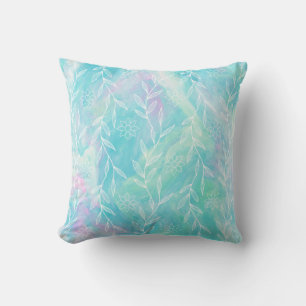 Light Blue Pink Flowers Leaves Botanical Foliage Cushion