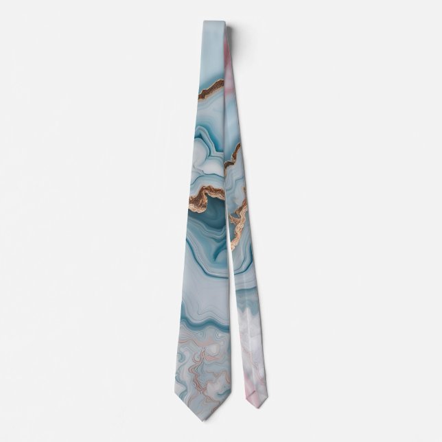 Light Blue Pink Gold Agate Marble Modern design  Tie (Front)