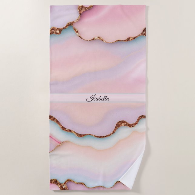 Light Blue Pink Marble Agate Modern Collection Beach Towel (Front)