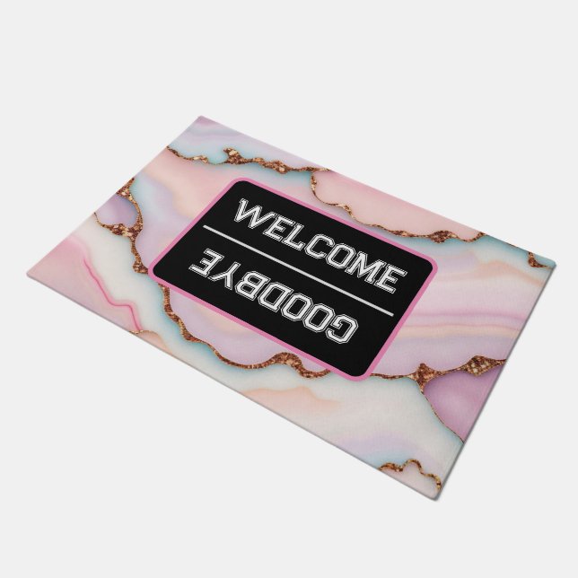 Light Blue Pink Marble Agate Modern Collection Doormat (Angled)