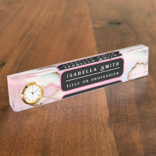 Light Blue Pink Marble Agate Modern Collection Nameplate