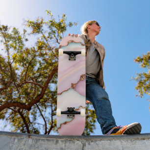 Light Blue Pink Marble Agate Modern Collection Skateboard