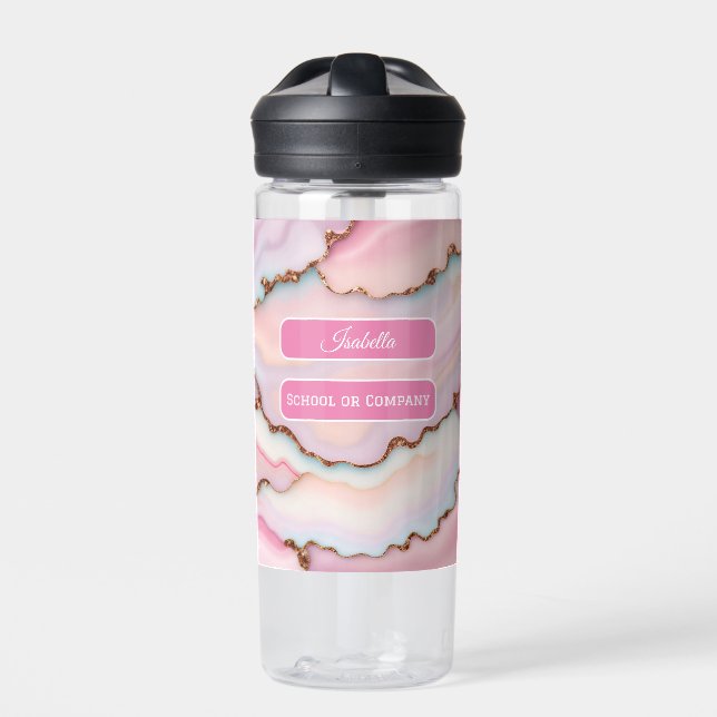 Light Blue Pink Marble Agate Modern Collection Water Bottle (Front)