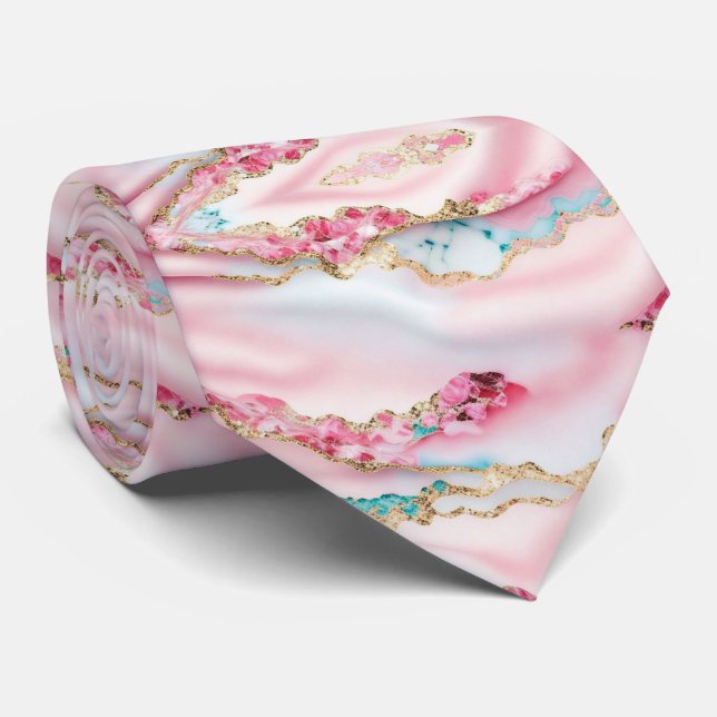 Light Blue Pink Marble Agate Popular Collection Tie (Rolled)