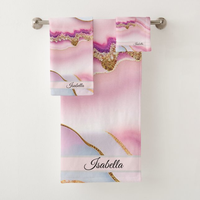 Light Blue Pink Marble Agate Trendy Collection Bath Towel Set (Insitu)