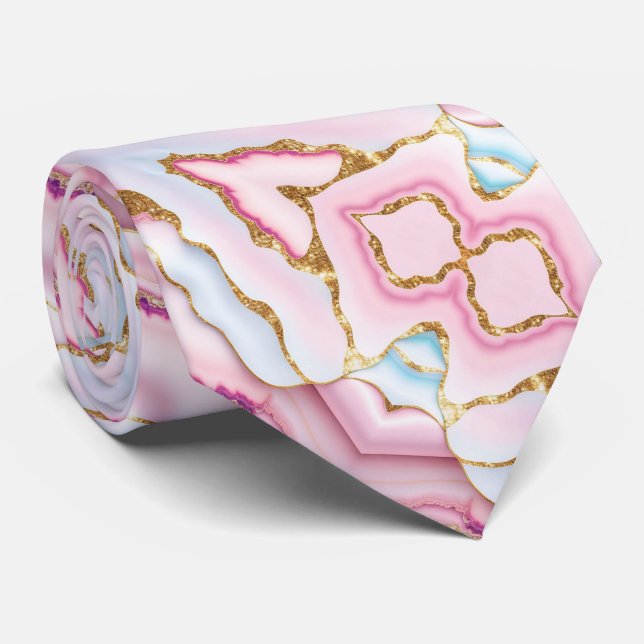 Light Blue Pink Marble Agate Trendy Collection Tie (Rolled)