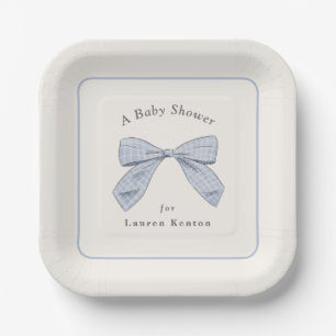 Light Blue Plaid Bow Elegant Boy Baby Shower Paper Plate