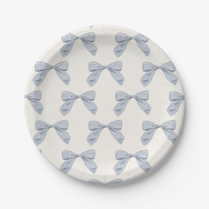 Light Blue Plaid Bow Elegant Boy Baby Shower Paper Plate