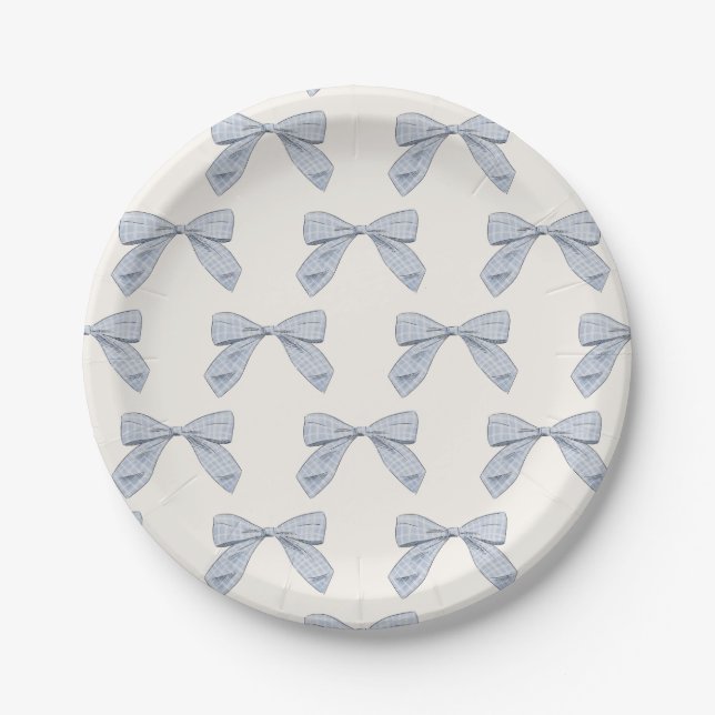 Light Blue Plaid Bow Elegant Boy Baby Shower Paper Plate (Front)