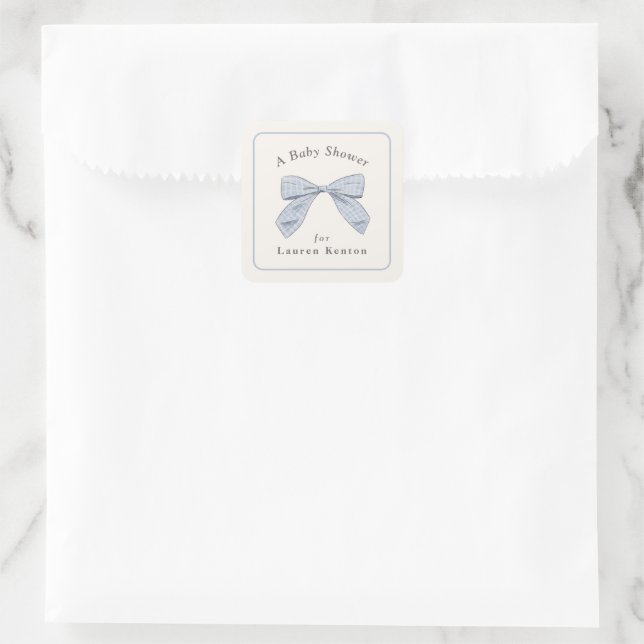 Light Blue Plaid Bow Elegant Boy Baby Shower Square Sticker (Bag)