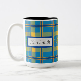 Light Blue Plaid  Mug, 15 oz Two-Tone Coffee Mug