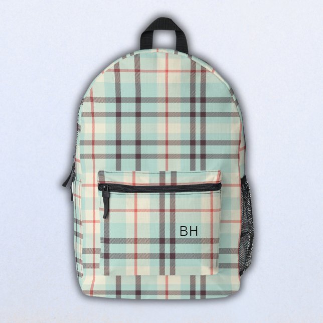 Light Blue Plaid Tartan Check Monogram Initials Printed Backpack (Creator Uploaded)