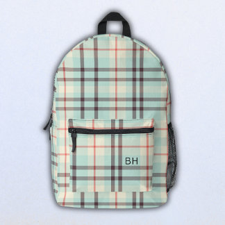 Light Blue Plaid Tartan Check Monogram Initials Printed Backpack