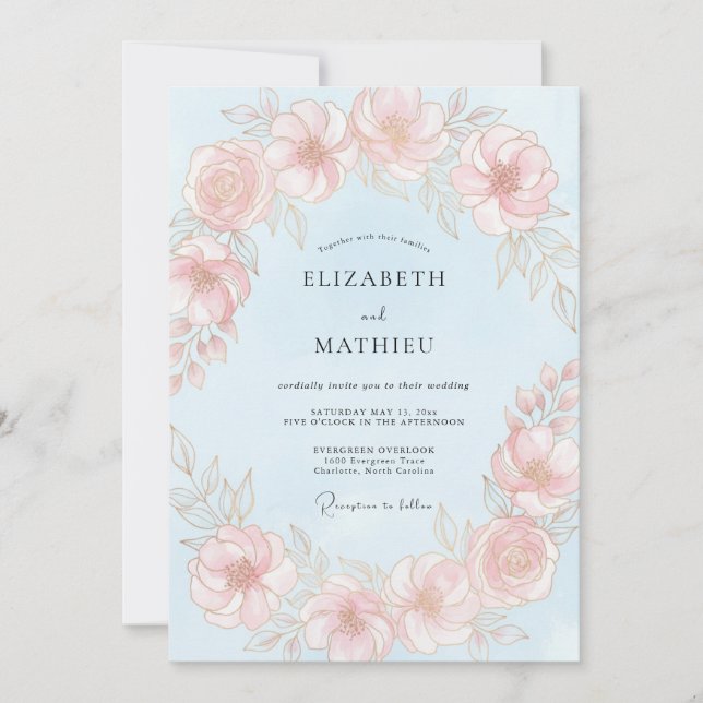 Light Blue Polished Peony Wedding Invitation (Front)