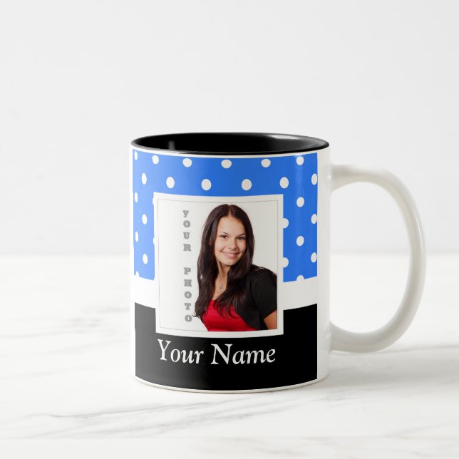 Light blue polka dot photo template Two-Tone coffee mug (Right)
