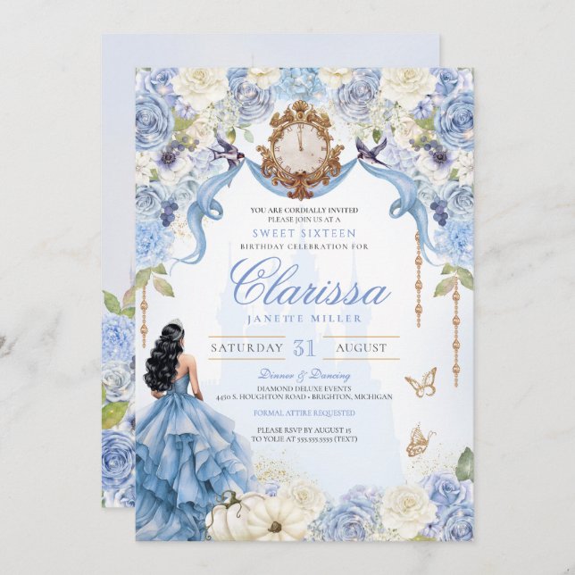 Light Blue Princess Sweet 16 Cinderella V2 Invitation (Front/Back)
