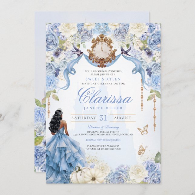 Light Blue Princess Sweet 16 Cinderella V2 Invitation (Front/Back)