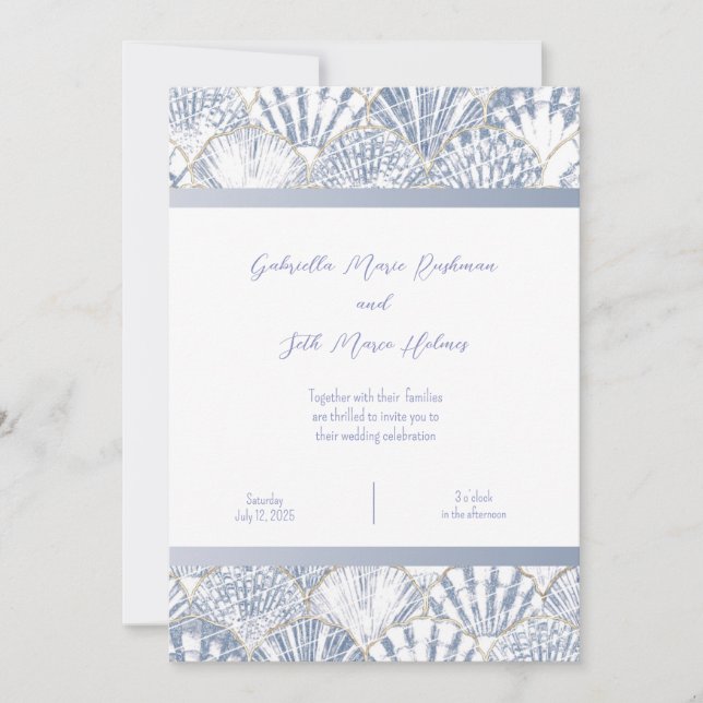 Light Blue Purple Shell Beach Wedding Invitation (Front)