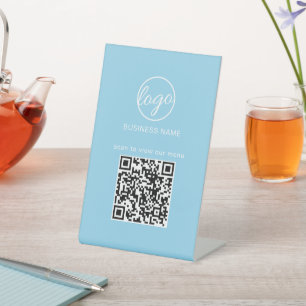 Light Blue QR Code Logo Menu Restaurant Business Pedestal Sign