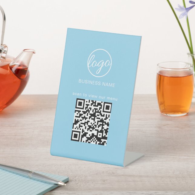 Light Blue QR Code Logo Menu Restaurant Business Pedestal Sign (In SItu)
