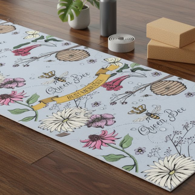 Light Blue Queen Bee & Gold Crown Best Mum Ever Yoga Mat (Floral Queen Bee Yoga Mat for Her. Vintage Bee, Flower, Crown Insect Pattern for Meditation, Workout)