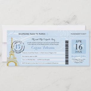 Light Blue Quinceanera Boarding Pass to Paris Invitation