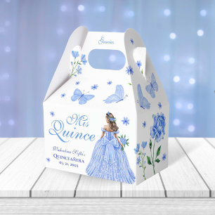 Light Blue Quinceañera Butterfly and Roses Floral Favour Box