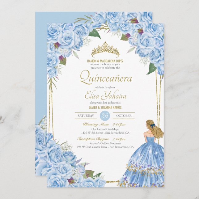 Light Blue Quinceanera Elegant Dress Rose Floral I Invitation (Front/Back)