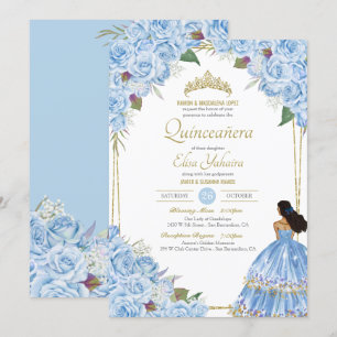 Light Blue Quinceanera Elegant Dress Rose Floral Invitation