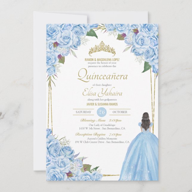 Light Blue Quinceanera Elegant Dress Rose Floral Invitation (Front)