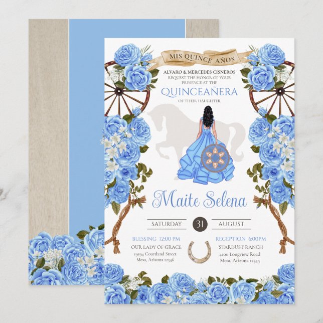 Light Blue Quinceanera Elegant Rose Western Charra Invitation (Front/Back)