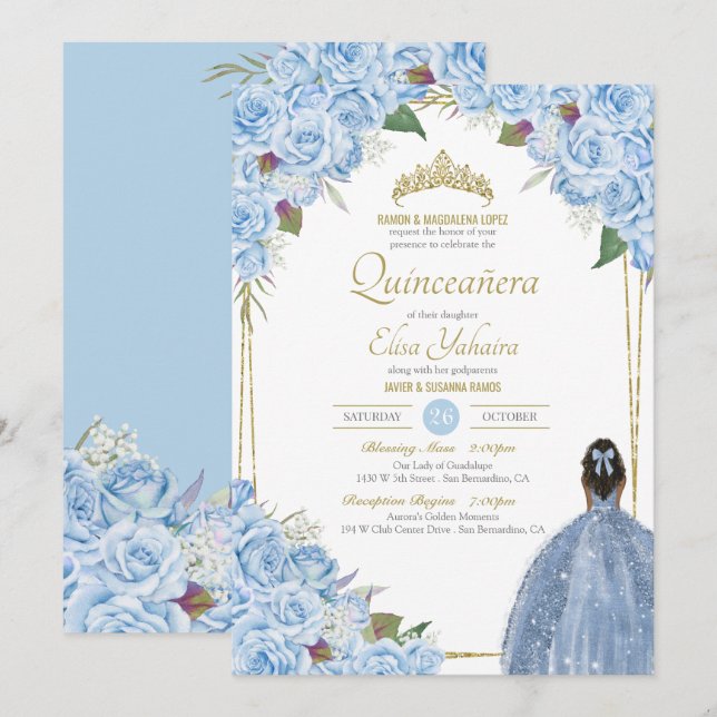 Light Blue Quinceanera Floral Rose Elegant Quince Invitation (Front/Back)
