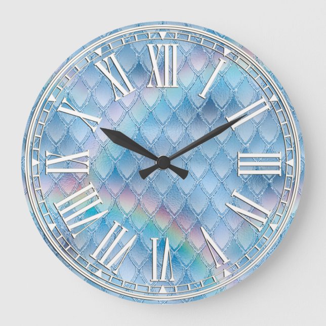 Light Blue & Rainbow & Sparkles Dragon Scales Large Clock (Front)