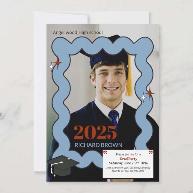 Light blue retro squiggle wavy graduation announcement (Front)