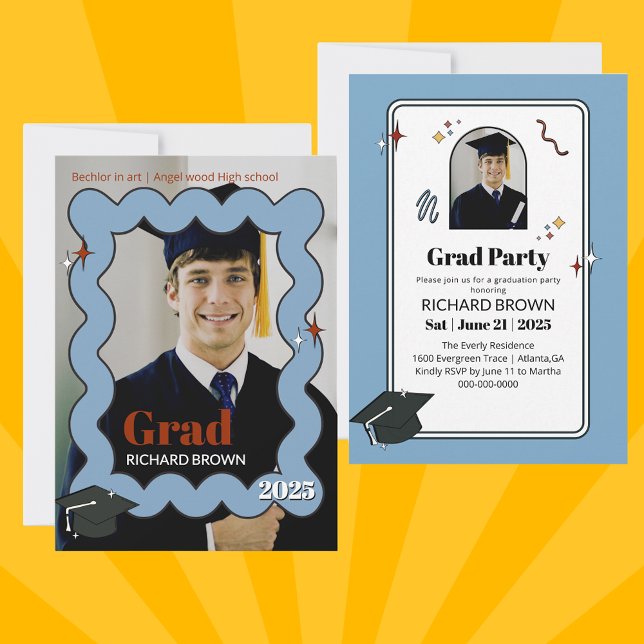 Light blue retro squiggle wavy graduation invite  (Creator Uploaded)