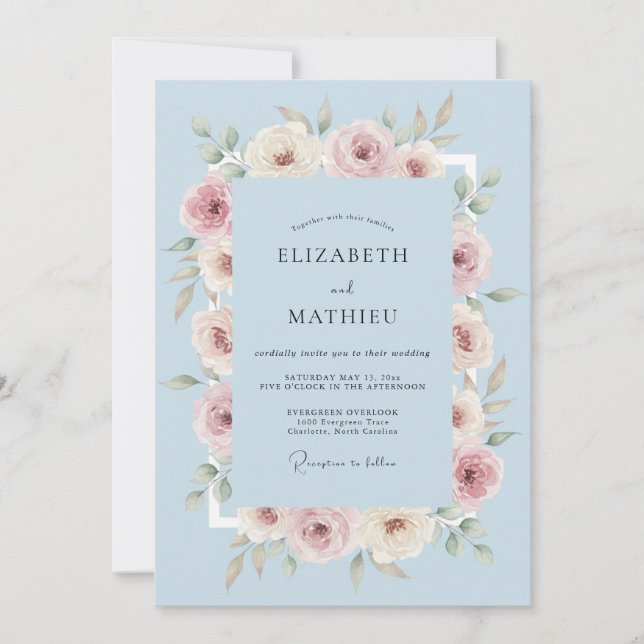 Light Blue Romantic Botanical Wedding Invitation (Front)