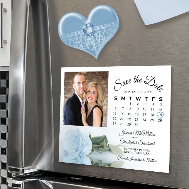 Light Blue Rose Calendar & Photo Save Date Magnet (Magnetic for easy display!)