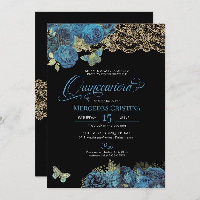 Light Blue Roses and Lace Butterfly Quinceañera Invitation (Front/Back)