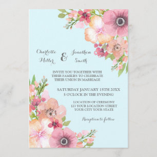 Light Blue Rustic Pink Flowers Wedding Invitations