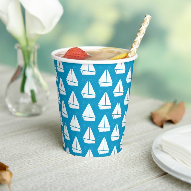 Light Blue Sailboat Pattern Paper Cups (Insitu)