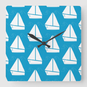 Light Blue Sailboat Pattern Square Wall Clock