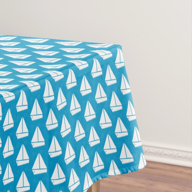 Light Blue Sailboat Pattern Tablecloth (In Situ)
