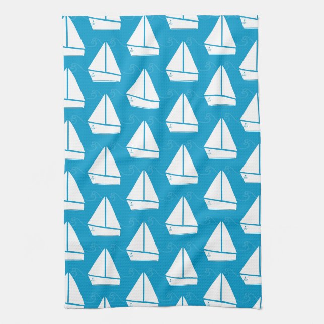 Light Blue Sailboat Pattern Tea Towel (Vertical)